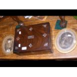 A Mother of Pearl inlaid work box, together with t