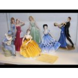 Various porcelain female figures including Coalpor