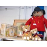 A vintage Paddington Bear with red coat, two Steif