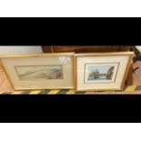 A framed watercolour of continental mountain scene