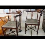 A pair of inlaid mahogany corner chairs with uphol