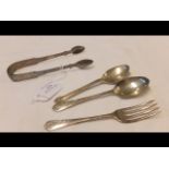 Silver sugar tongs, teaspoons etc