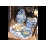 A blue and white meat plate, Oriental jar and cove