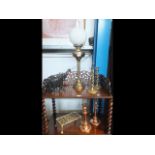 A Victorian oil lamp, pair of brass candlesticks,