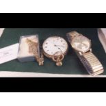 A ladies gold wrist watch, pocket watch, together