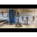 A pair of silver plated candlesticks etc