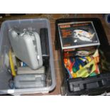 Two plastic boxes of assorted tools including pipe bending