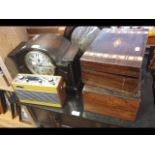 A mantel clock, sewing box, Roberts radio