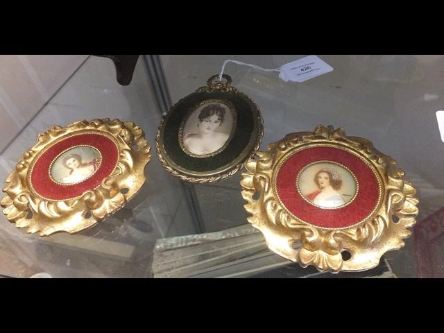 A 6cm oval miniature portrait together with a pair