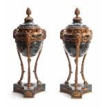 A PAIR OF LATE 19TH CENTURY FRENCH GREEN VEINED MARBLE AND ORMOLU MOUNTED CASSOLETTES with acorn