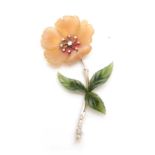 A 750 HALLMARKED WHITE GOLD CARVED COLOURED HARDSTONE DIAMOND SET FLOWER SPRAY BROOCH with inset