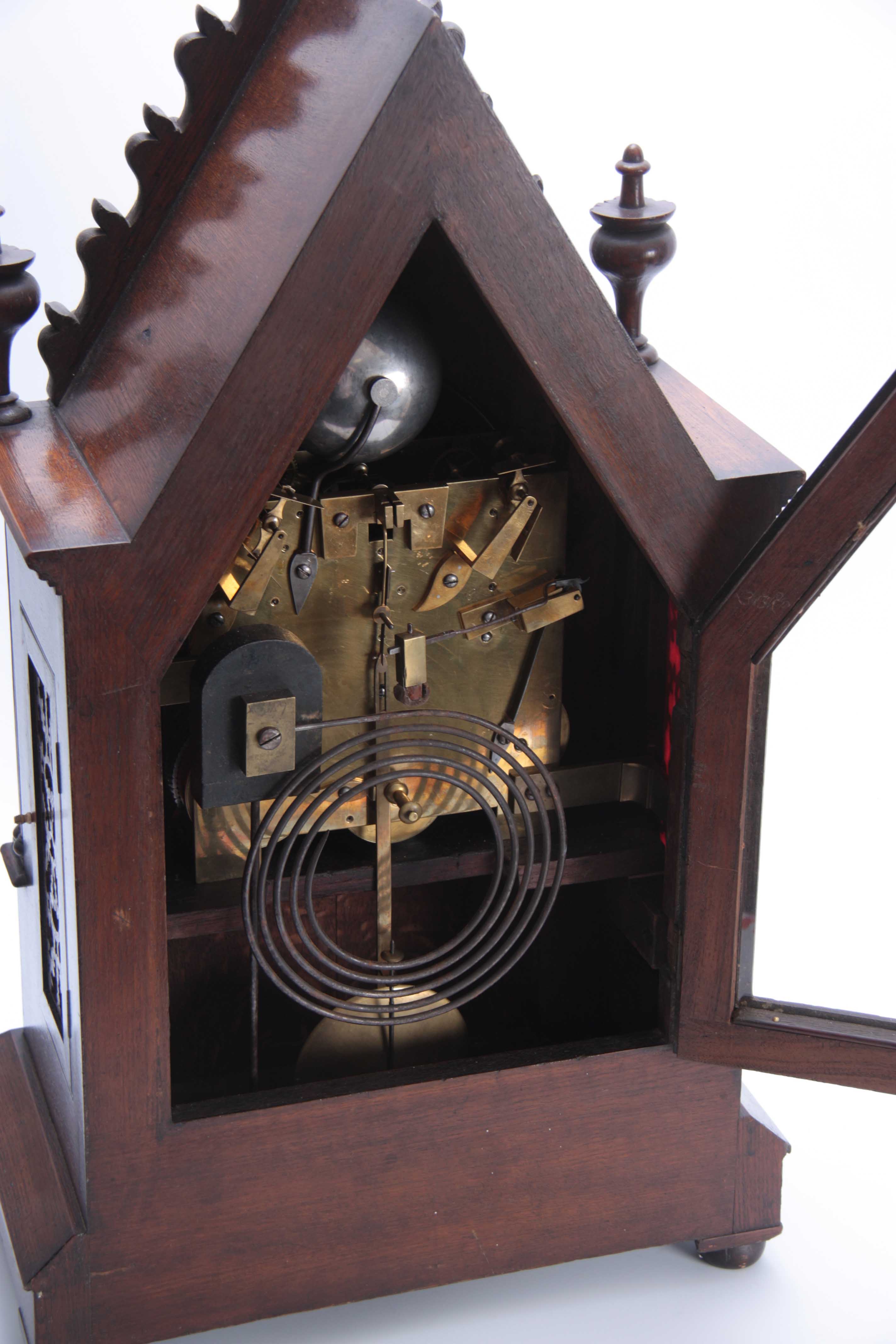 M. BEAL, SHEFFIELD A GOTHIC OAK CASED TRIPLE FUSEE BRACKET CLOCK the case with gothic carved - Image 6 of 7