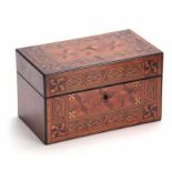 A 19TH CENTURY TUNBRIDGE WARE TEA CADDY with hinged inlaid top revealing a fitted interior with