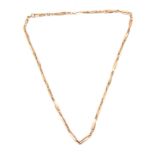 A 14CT YELLOW GOLD NECK CHAIN of unusual double interlinked and elongated sections 58cm overall