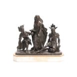 A 19TH CENTURY FRENCH BRONZE FIGURE GROUP depicting a Colonial scene of a standing young lady