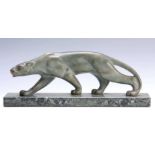 M. SECONDO AN ART DECO GREEN PATINATED FRENCH BRONZE SCULPTURE OF A PANTHER on a variegated green