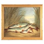 J M CHILD (1804 - 1835) A 19TH CENTURY OIL ON CANVAS STILL LIFE OF FISH ON A RIVER BANK - signed and
