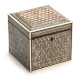 A LATE 19TH CENTURY ANGLO INDIAN MICRO MOSAIC MOTHER OF PEARL, IVORY, EBONY AND SANDALWOOD TEA CADDY