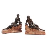 A PAIR OF 19TH CENTURY CLASSICAL BRONZE SEMI NUDE FIGURES OF YOUNG LADIES mounted on carved marble