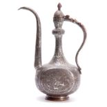 AN ISLAMIC SILVER PLATED COFFEE POT, 37.5cm high.