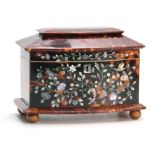 A GOOD LATE REGENCY TORTOISESHELL AND MOTHER F PEARL INLAID BOWFRONT TEA CADDY with flower spray