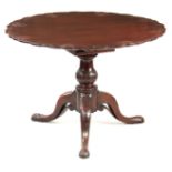 A GEORGE III MAHOGANY IRISH TILT-TOP TABLE with dished scallop edge top carved with shells, above