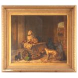 A 19th CENTURY OIL ON CANVAS. Group of dogs in a barn setting. 58cm high, 67cm wide - indistinct