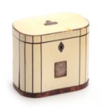 A GEORGE III IVORY TEA CADDY having rounded corners inlaid with silver wirework and tortoiseshell