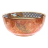 AN EARLY 20th CENTURY WEDGEWOOD LUSTER BOWL decorated with butterflies on a mottled orange