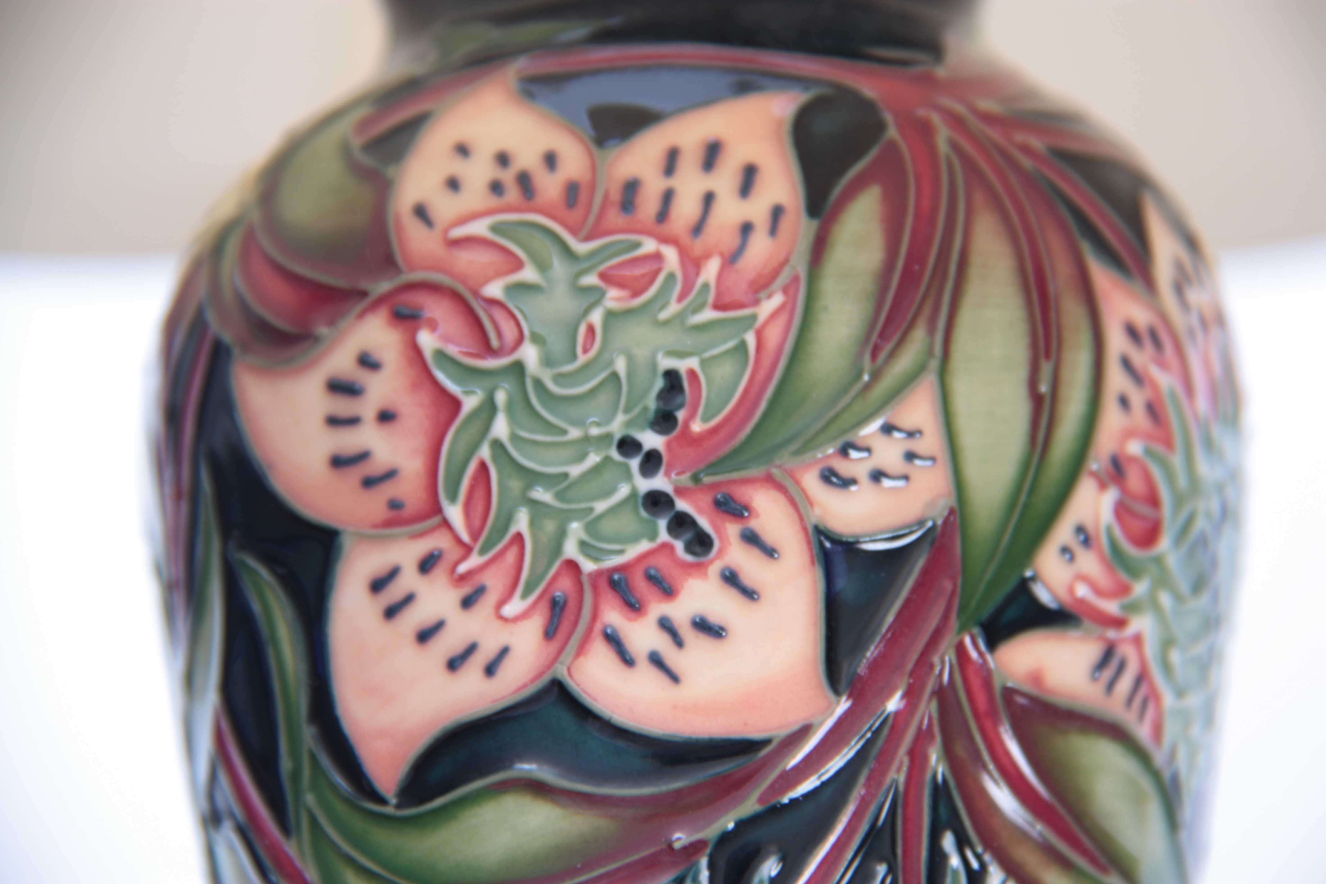 A MODERN MOORCROFT TABLE LAMP with colourful tube lined flower decoration 47cn high to top of the - Image 3 of 5