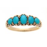 A YELLOW GOLD AND GRADUATED FIVE STONE SET TURQUOISE DRESS RING with leaf work shank