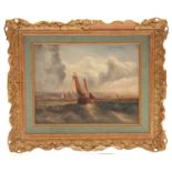 A 19th CENTURY OIL ON PANEL. Seascape with fishing boats on a rough sea 20cm high, 26cm wide -