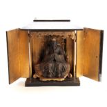 A RARE 18TH CENTURY JAPANESE WOODEN LACQUERED ALTAR PIECE OF A SEATED BUDDHA SAT ON A SIMULATED