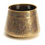 A LATE 19TH CENTURY BRASS AND MULTI-COLOURED INLAID METAL EGYPTIAN STYLE TAPERED JARDINIERE 19cm