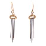 A PAIR OF 15CT GOLD ENAMEL AND PEARL TASSLE EARRINGS - tested 15ct gold 4cm high overall.