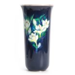 A ROYAL BLUE FLARED TAPERING VASE WITH SILVER NECK MOUNT AND FOOT RIM the body decorated with