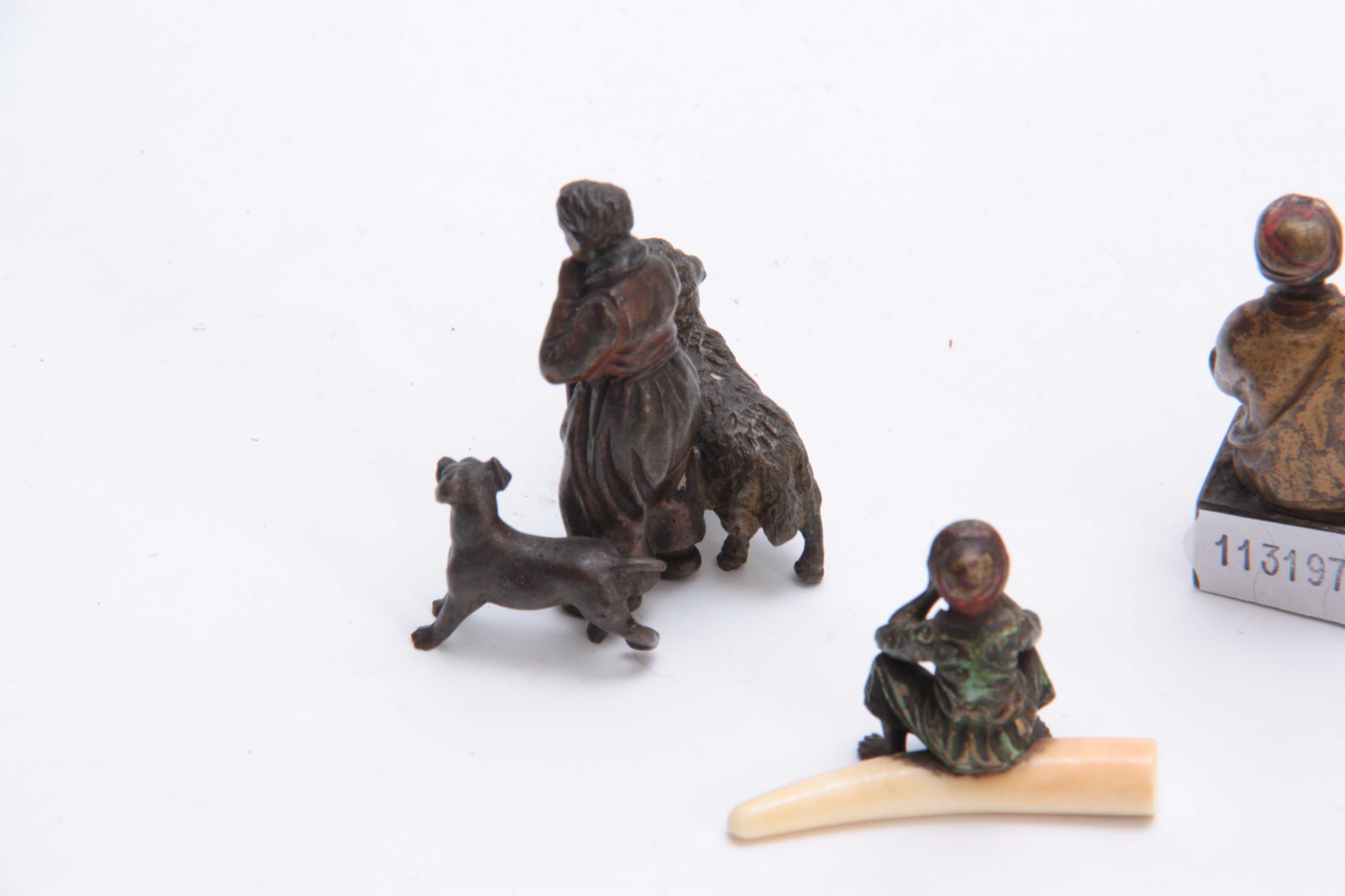 A COLLECTION OF THREE EARLY 20th CENTURY COLD PAINTED BRONZE FIGURES modelled as an Arab bookseller, - Image 5 of 5