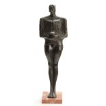 JEAN JACQUES HAMARD A 20TH CENTURY MODERN ART BRONZE SCULPTURE OF A FEMALE mounted on a veined red