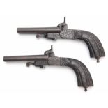 A PAIR OF 19TH CENTURY FRENCH DOUBLE BARREL PISTOLS BY P. BOISSY with pinfire action and drop-down