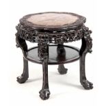 A 19TH CENTURY CHINESE HARDWOOD JARDINIERE STAND with inset shaped marble top, above floral