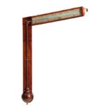 L. BELLATTI GRANTHAM. A RARE LATE GEORGIAN FIGURED MAHOGANY SIGNPOST / ANGLE BAROMETER with