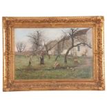A LATE 19TH CENTURY OIL ON CANVAS Figure and Sheep in a tree-lined landscape in front of buildings -