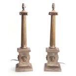 A PAIR OF 20TH CENTURY CORINTHIAN COLUMN SILVERED BRASS LAMPS with reeded tapering stems and