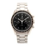 A GENTLEMAN'S OMEGA SPEEDMASTER MOON WATCH on a steel bracelet with black dial having chronograph