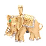 AN 18CT GOLD DIAMOND, EMERALD AND RUBY INLAID PENDANT modelled as an Elephant - tested 18ct gold