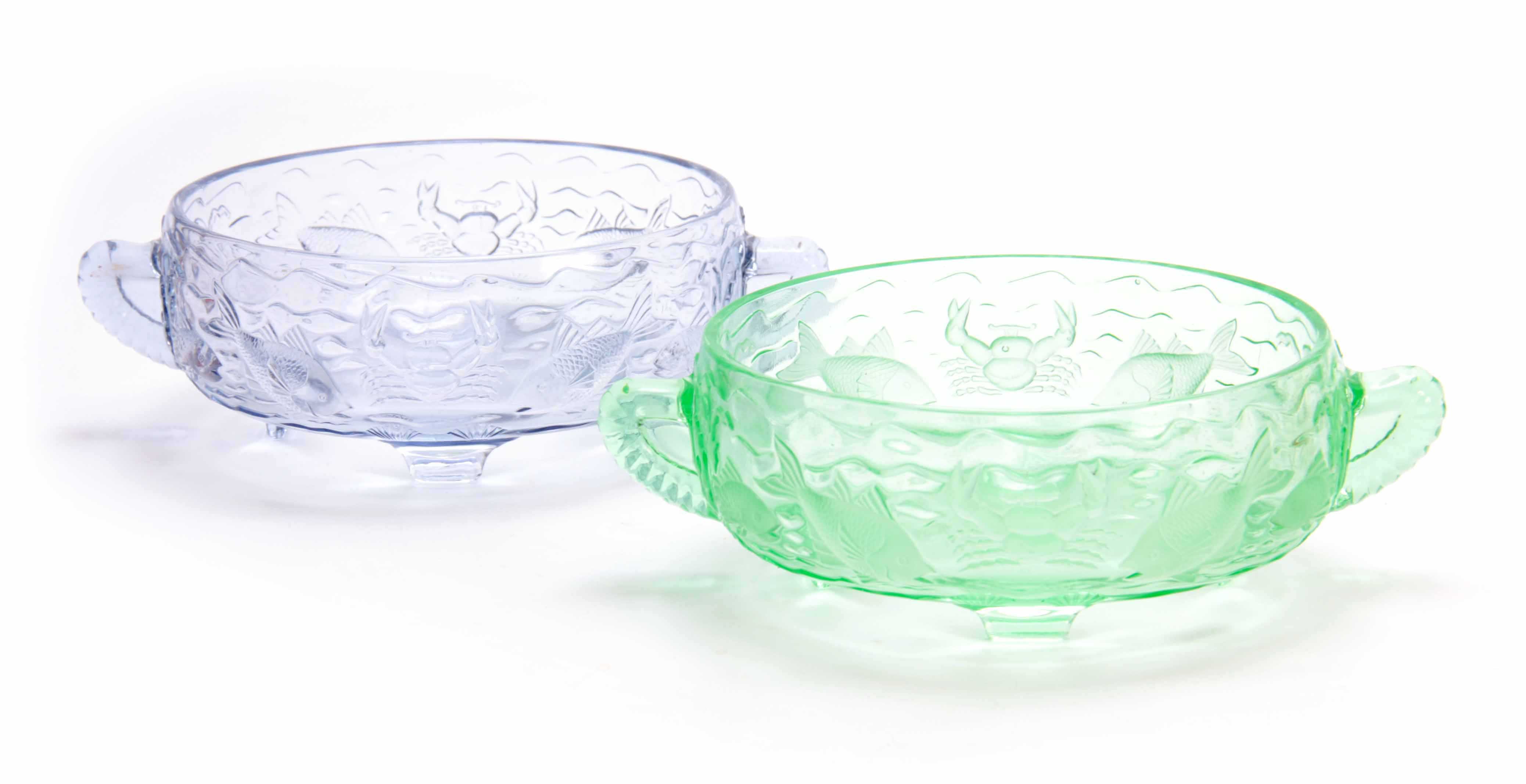 TWO LARGE BAGLEY TWO-HANDLED RELIEF MOULDED BOWLS in pale blue and green decorated in the seaside