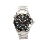 A GENTLEMAN'S STEEL OMEGA SEAMASTER WITH HELIUM RELEASE VALVE on a steel bracelet, the black