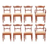 A GOOD SET OF EIGHT REGENCY POLLARD OAK SCOTTISH DINING CHAIRS with carved bar backs and turned