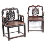 TWO SIMILAR 18TH/ 19TH CENTURY CHINESE HARDWOOD OPEN ARMCHAIRS each with pierced carved shaped backs