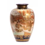 A SATSUMA OVOID CABINET VASE decorated with figure panels of ladies in a lake and landscape